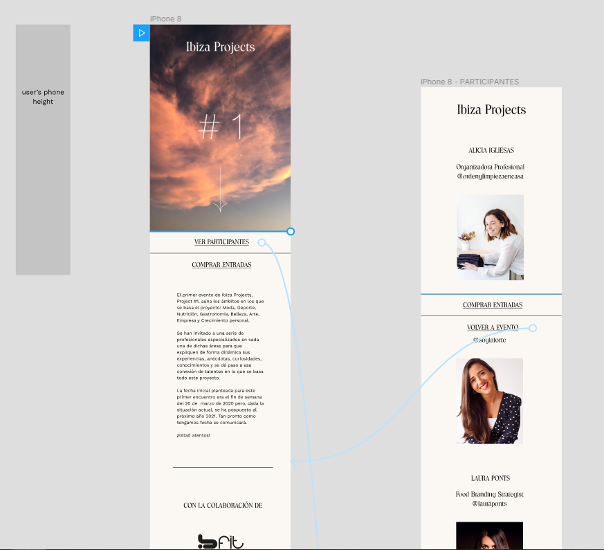 Figma screencapture of the Project#1 page. We can see something on the left saying 'user mobile height' and two screens. As well as some light arrows.
